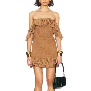 Saint Laurent Smocked Canvas Mini Dress in Caramel
SZ 38